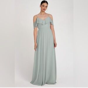 Jenny Yoo Morning Mist Green Mila Convertible Ruffle Cold Shoulder Dress